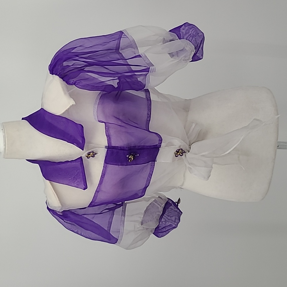 Vintage organza sheer crop top purple and white large puff sleeves